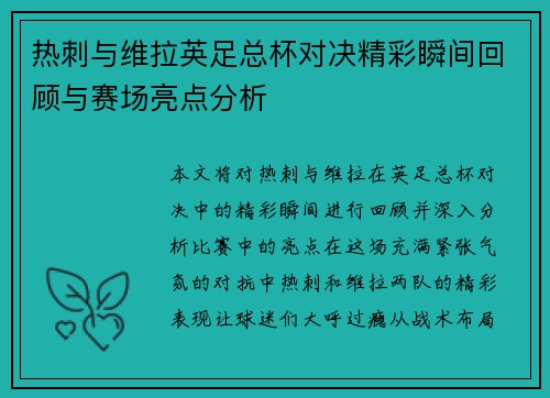 热刺与维拉英足总杯对决精彩瞬间回顾与赛场亮点分析