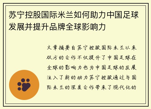 苏宁控股国际米兰如何助力中国足球发展并提升品牌全球影响力